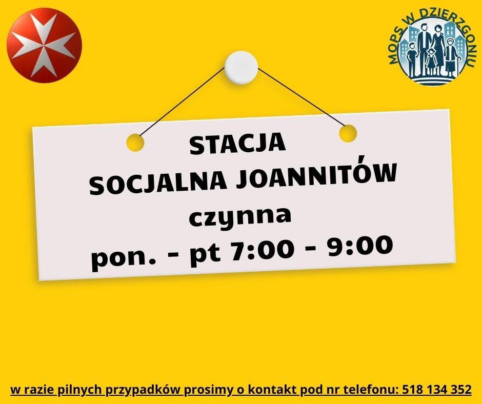 stacja socjalna Joannitów czynna jest od poniedziałku do piątku w godzinach od 7:00 do 9:00