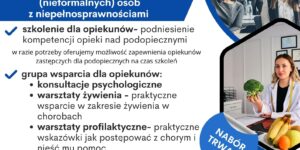 Plakat pokazujący że Gmina Dzierzgoń/Miejski Ośrodek Pomocy Społecznej w Dzierzgoniu wraz z Nadwiślańską Fundacją Rozwoju oraz Stowarzyszeniem Seniorów Dzierzgońskich zapraszają do udziału w projekcie “Deinstytucjonalizacja i rozwój usług społecznych w gminach Partnerstwa Wschodnie Powiśle”. Informacja dotyczy zadania nr 2- wsparcie opiekunów faktycznych (nieformalnych) osób z niepełnosprawnościami. W ramach zadania oferujemy: szkolenie dla opiekunów- podniesienie kompetencji opieki nad podopiecznymi, grupa wsparcia dla opiekunów (konsultacje psychologiczne, warsztaty żywienia, warsztaty profilaktyczne) i 14 dniowa opieka wytchnieniowa całodobowa. Informacje i zapisy do projektu wszelkie informacje o projekcie oraz dokumenty rekrutacyjne dostępne są w biurze projektu MOPS Dzierzgoń Plac Wolności 1, 82-440 Dzierzgoń (parter budynku bez barier architektonicznych) oraz na stronie internetowej beneficjenta projektu www.dzierzgon.pl oraz www.mopsdzierzgon.pl. Projekt współfinansowany ze środków Europejskiego Funduszu Społecznego Plus (EFS+), Priorytetu 5 Fundusze europejskie dla silnego społecznie Pomorza (EFS+), Działania 5.17. Usługi społeczne i zdrowotne w ramach programu Fundusze Europejskie dla Pomorza 2021-2027 (FEP 2021-2027)