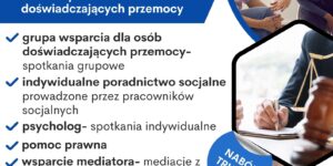 Plakat pokazujący że Gmina Dzierzgoń/Miejski Ośrodek Pomocy Społecznej w Dzierzgoniu wraz z Nadwiślańską Fundacją Rozwoju oraz Stowarzyszeniem Seniorów Dzierzgońskich zapraszają do udziału w projekcie “Deinstytucjonalizacja i rozwój usług społecznych w gminach Partnerstwa Wschodnie Powiśle”. Informacja dotyczy zadania nr 3- wsparcie dla osób doświadczających przemocy. Możliwe działania w ramach tego zadania to grupa wsparcia dla osób doświadczających przemocy, indywidualne poradnictwo socjalne, psycholog, pomoc prawna, wsparcie mediatora. Informacje i zapisy do projektu wszelkie informacje o projekcie oraz dokumenty rekrutacyjne dostępne są w biurze projektu MOPS Dzierzgoń Plac Wolności 1, 82-440 Dzierzgoń (parter budynku bez barier architektonicznych) oraz na stronie internetowej beneficjenta projektu www.dzierzgon.pl oraz www.mopsdzierzgon.pl. Projekt współfinansowany ze środków Europejskiego Funduszu Społecznego Plus (EFS+), Priorytetu 5 Fundusze europejskie dla silnego społecznie Pomorza (EFS+), Działania 5.17. Usługi społeczne i zdrowotne w ramach programu Fundusze Europejskie dla Pomorza 2021-2027 (FEP 2021-2027)
