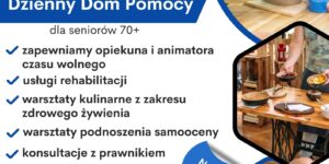 Plakat pokazujący że Gmina Dzierzgoń/Miejski Ośrodek Pomocy Społecznej w Dzierzgoniu wraz z Nadwiślańską Fundacją Rozwoju oraz Stowarzyszeniem Seniorów Dzierzgońskich zapraszają do udziału w projekcie “Deinstytucjonalizacja i rozwój usług społecznych w gminach Partnerstwa Wschodnie Powiśle”. Informacja dotyczy zadania nr 5-Dzienny Dom Pomocy. Możliwe działania w ramach tego zadania to opieka opiekuna i animatora czasu wolnego, usługi rehabilitacji, warsztaty kulinarne z zakresu zdrowego żywienia, warsztaty z podnoszenia samooceny, konsultacje z prawnikiem. badania diagnostyczne. Informacje i zapisy do projektu wszelkie informacje o projekcie oraz dokumenty rekrutacyjne dostępne są w biurze projektu MOPS Dzierzgoń Plac Wolności 1, 82-440 Dzierzgoń (parter budynku bez barier architektonicznych) oraz na stronie internetowej beneficjenta projektu www.dzierzgon.pl oraz www.mopsdzierzgon.pl. Projekt współfinansowany ze środków Europejskiego Funduszu Społecznego Plus (EFS+), Priorytetu 5 Fundusze europejskie dla silnego społecznie Pomorza (EFS+), Działania 5.17. Usługi społeczne i zdrowotne w ramach programu Fundusze Europejskie dla Pomorza 2021-2027 (FEP 2021-2027)