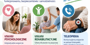 Grafika informacyjna dotycząca projektu „Deinstytucjonalizacja i rozwój usług społecznych w gminach Partnerstwa Wschodnie Powiśle”. Informuje o rozpoczęciu wsparcia świadczonego w miejscu zamieszkania uczestników projektu: indywidualnych usług psychologicznych oraz usług rehabilitacyjnych wspierających sprawność i samodzielność. Kontynuowane jest również wsparcie w postaci teleopieki, zwiększającej bezpieczeństwo i umożliwiającej szybkie wezwanie pomocy. Działania mają na celu wzmacnianie samodzielności, bezpieczeństwa i jakości życia mieszkańców. Grafika zawiera zdjęcia przedstawiające wsparcie psychologiczne, rehabilitację oraz opaskę teleopieki. Projekt dofinansowany ze środków Unii Europejskiej w ramach Funduszy Europejskich dla Pomorza.